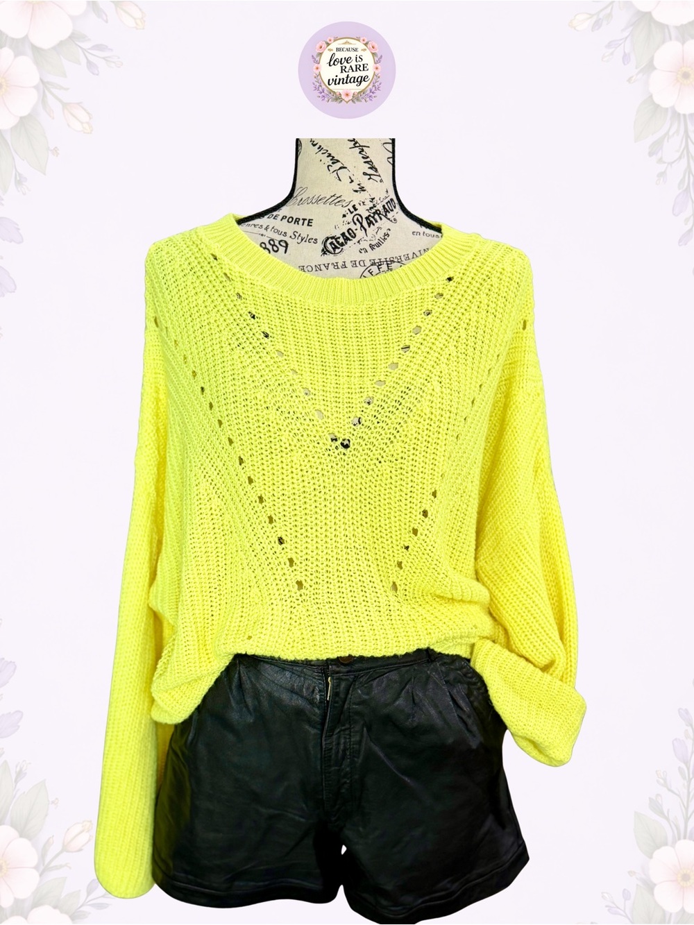 Vintage USA Neon Yellow Open Knit Crewneck 1990s Sweater • Size L